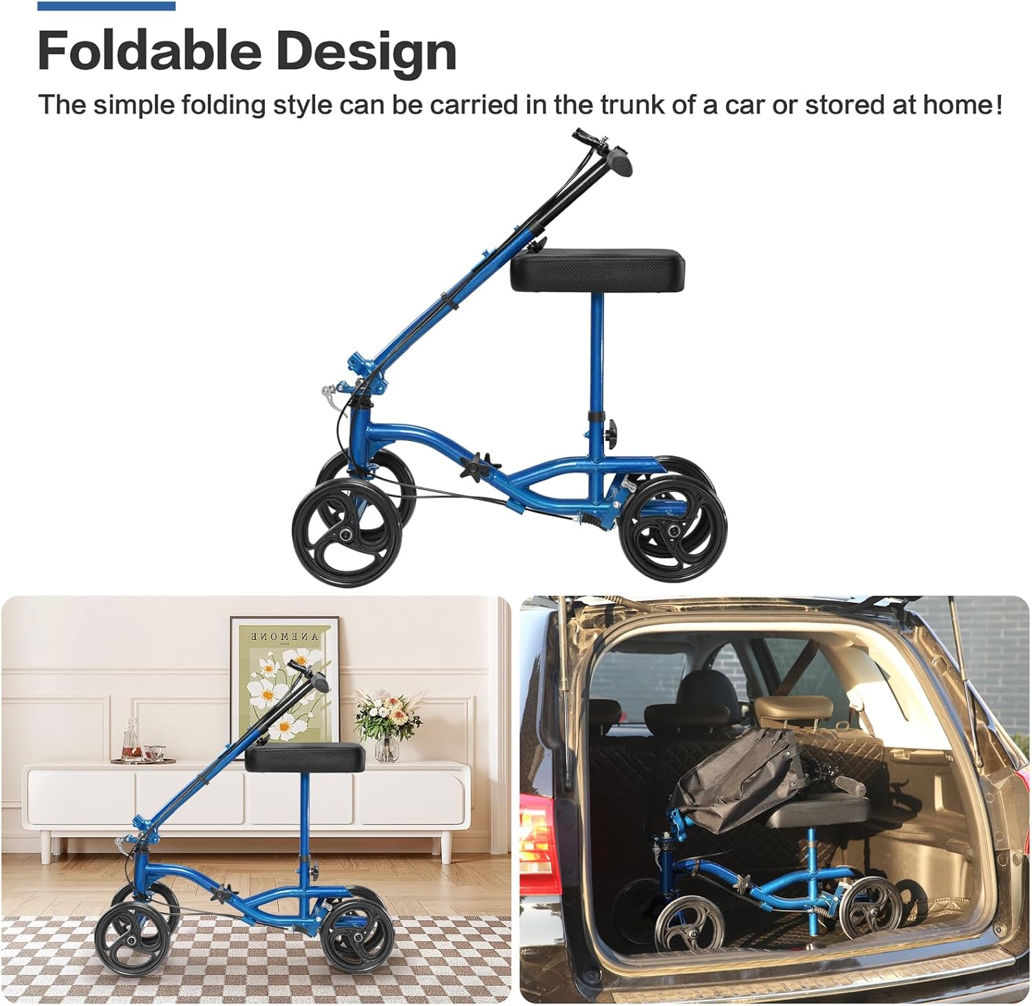 All Terrain Steerable Knee Scooter Deluxe Medical Scooter for Adults for Foot Injuries, Foldable Knee Walker Leg Crutch Alternative, 8" Solid Wheel, Blue