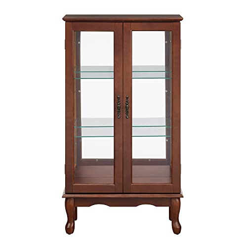 Wooden Lighted Curio Display Storage Cabinet with 3-Tier Adjustable Shelves Mirrored Back Panel, Tempered Glass, Magnetic Door Closures, Floor Mount, Classic Style, Walnut