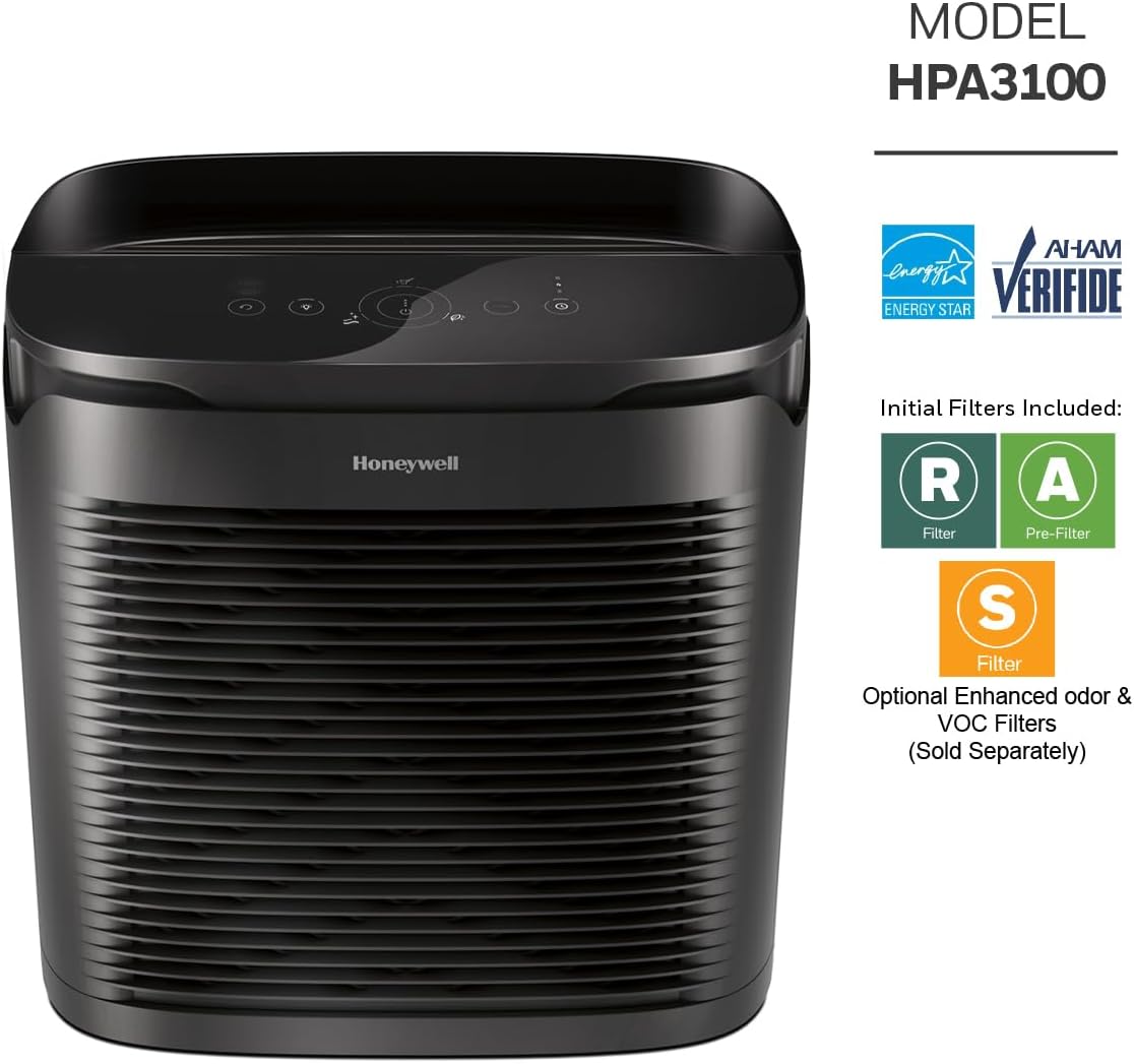 Honeywell PowerPlus HEPA Air Purifier, Allergen Reducer for Medium/Large Rooms (200 sq. ft.) Black - Wildfire/Smoke, Pollen, Pet Dander & Dust Air Purifier, HPA3100