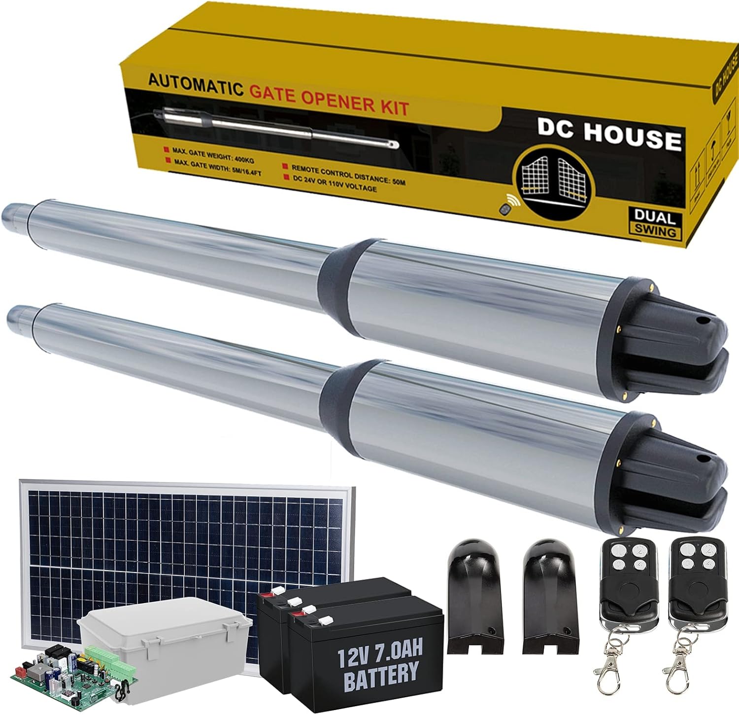 DC HOUSE 24V DC/AC Heavy-Duty Automatic Solar Dual Gate Opener Kit with Keypad + Car Sensor for Swing Gates Up to 16.4 Feet for Fences/Palisades/Agricultural/Driveway Gates | Subcontract Delivery