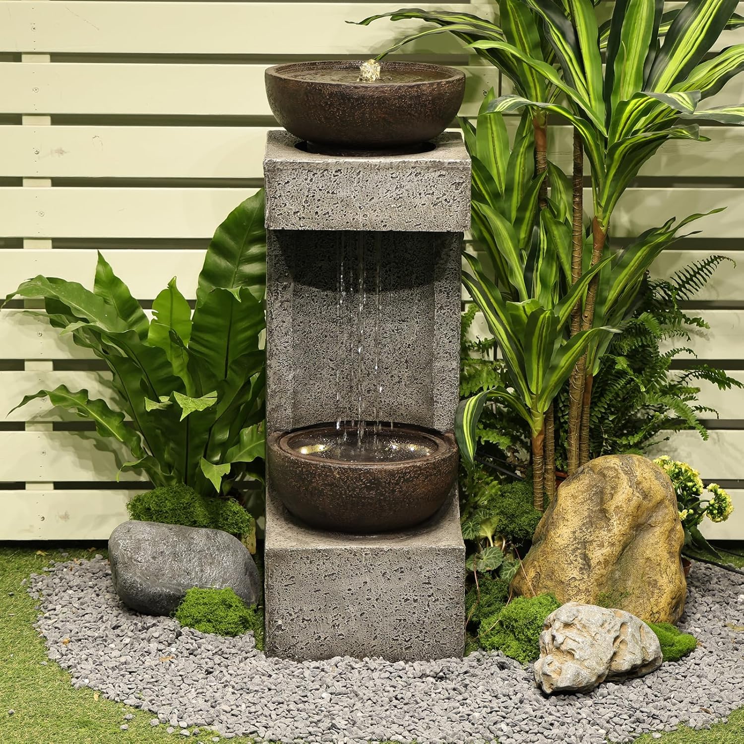 33.9" H Water Fountain Outdoor Garden Waterfall Decor for Garden, Patio, Backyard, Deck, Porch and Home Art Decor, Modern Tiered Outdoor Fountain with Lights and Stone Planter