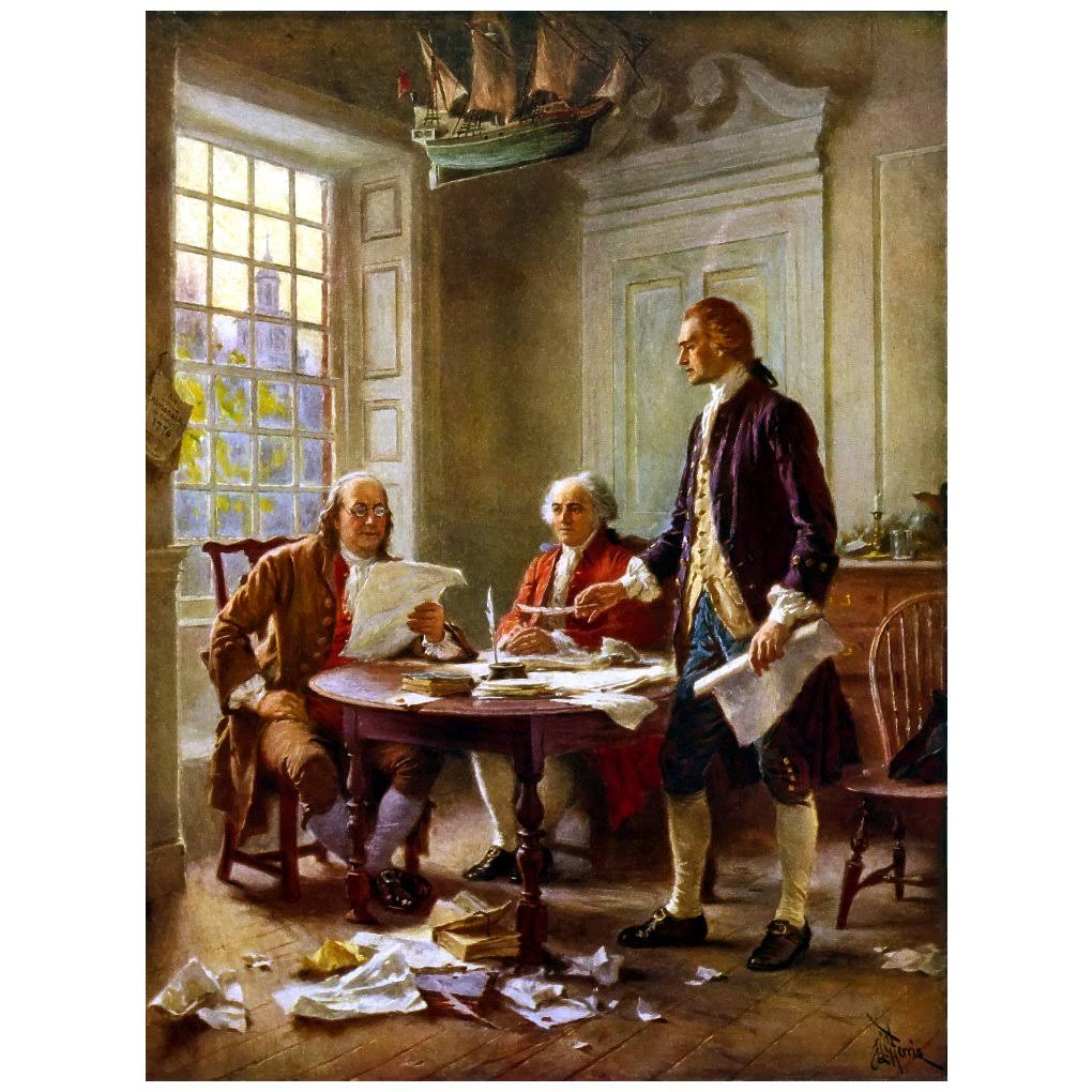Digitally Restored Vector Painting of Benjamin Franklin, John Adams, and Thomas Jefferson Writing The Declaration of Independenc