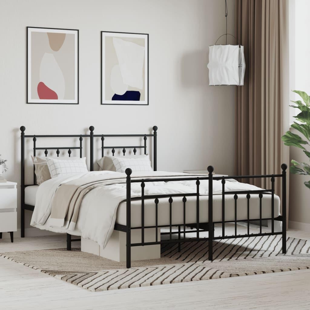 vidaXL Powder Coated Steel Bed Frame - Robust Black Metal Double Bed with Functional Headboard, Footboard and Extra Storage Space Beneath – Industrial Style