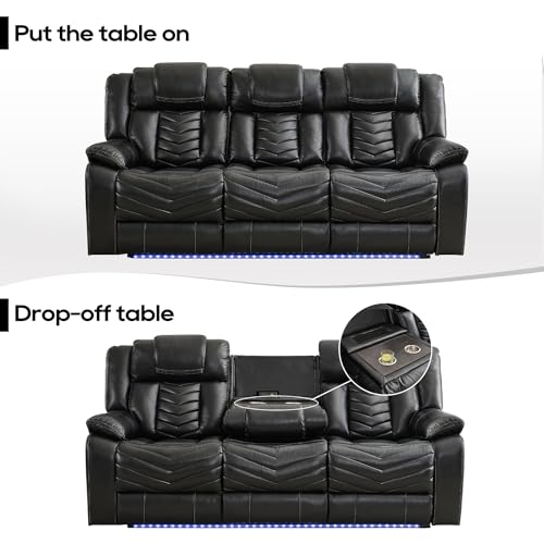 Manual Recliner Sofa Set with Wireless Charger for Living Room, Leather 3 Seater Reclining Sofa and Loveseat Seating Couch with Bass Speakers, LED Lights,Home Theater Love seat Sets with Console, Grey