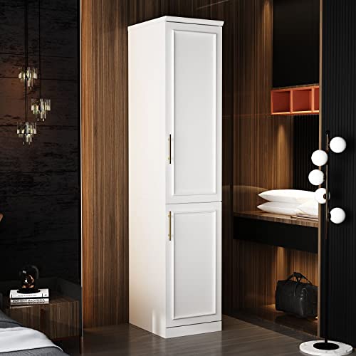 FAMAPY 2 Door Wardrobe Closet, Tall and Narrow Armoire Wardrobe Closet with Hanging Rod, Gold Metal Handles, Bedroom Armoire Closet White (15.7”W x 19.3”D x 74.9”H)