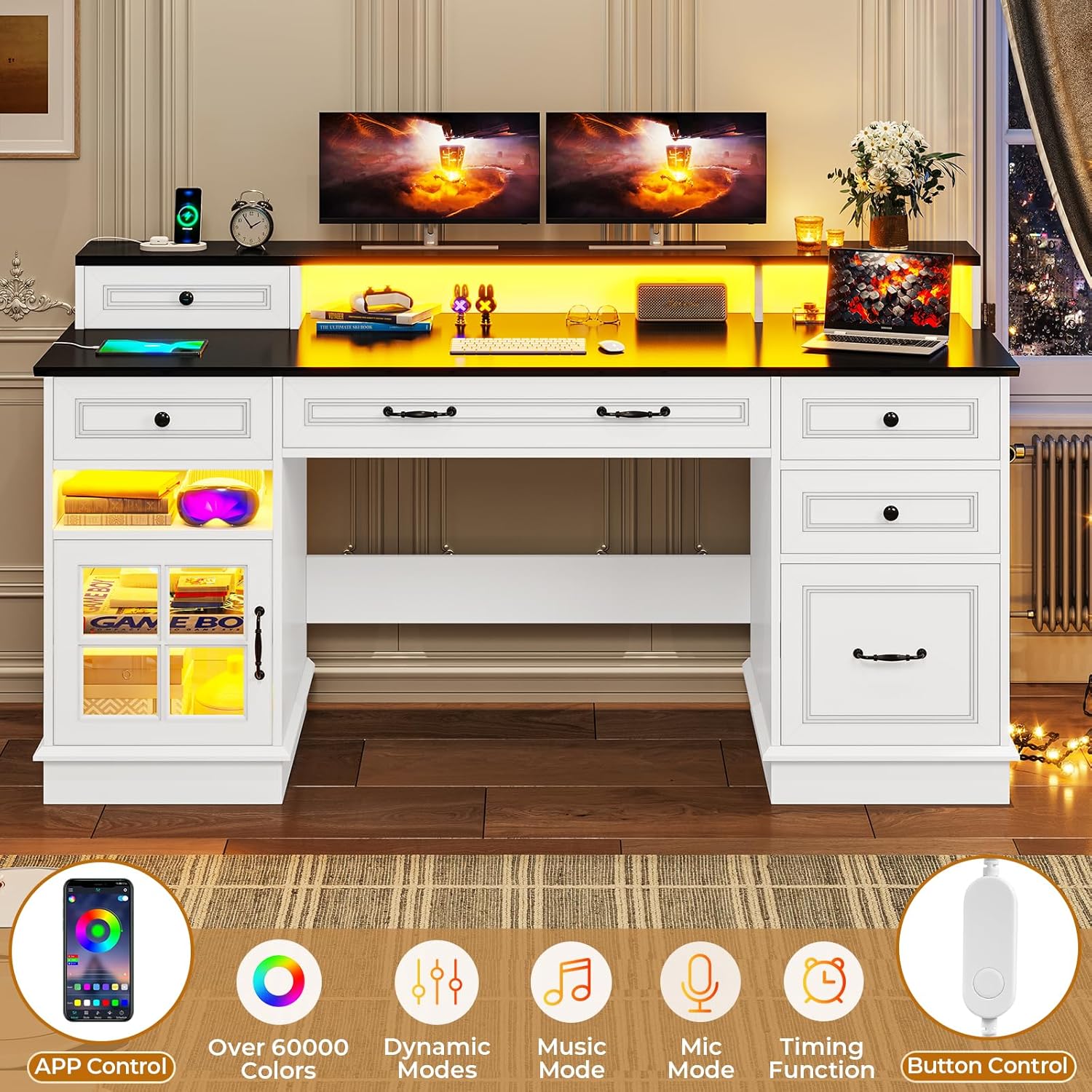 Executive Desk, Computer Desk with Drawers & Storage Cabinet, Home Office Desk with File Drawer & Monitor Stand, Writing Desk with Charging Station & LED Lights, White