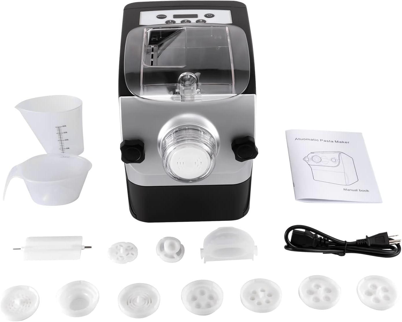 Electric Pasta Maker Machine, 260W Automatic Noodle Maker with 8 Moulds, Pasta/Dumpling Skin/Macaroni Maker with LED Display Timer, Noodle Press Machine for Homemade