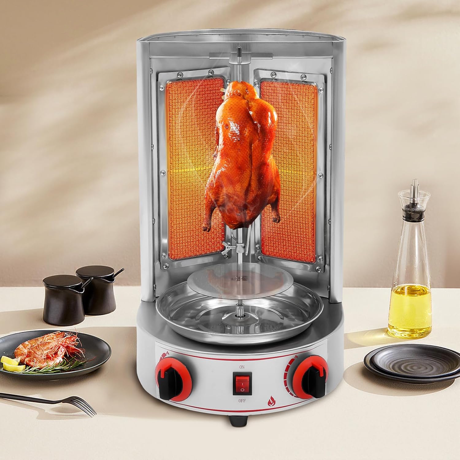 Shawarma Grill Machine 3000W Gas Vertical Broiler Gyro Rotisserie Oven Doner Kebab Machine 110V Stainless Countertop Rotisserie Grill with 2 Burners for Restaurant Home Garden