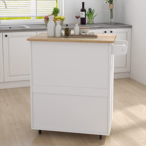ACLULION Small Kitchen Island Cart with Storage, Rolling Kitchen Island with Rubber Wood Top, Kitchen Island on Wheels with Drawer, Towel Rack and Cabinet for Kitchen, Dining Room (White)