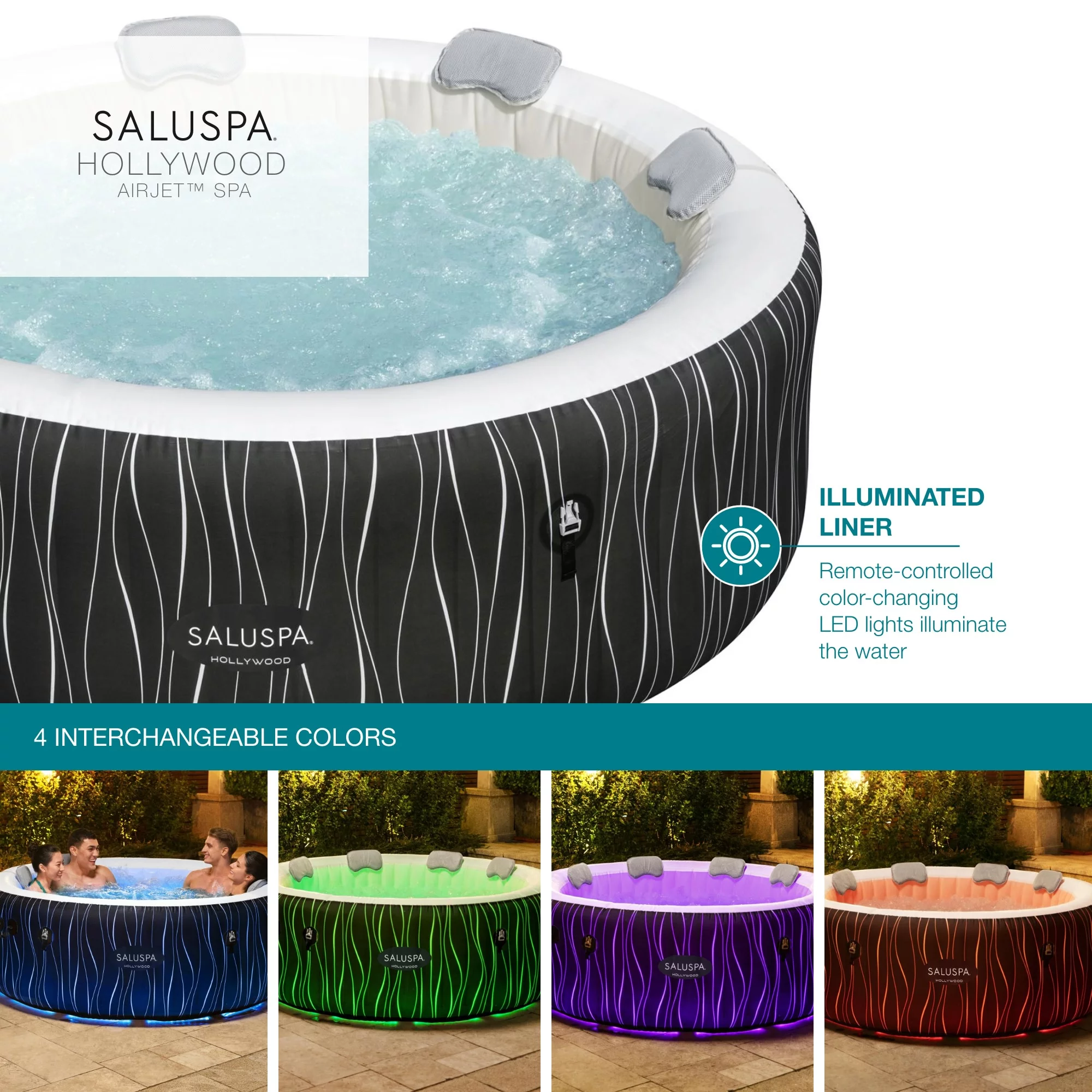 SaluSpa 77" x 26" Hollywood 240 Gal. Inflatable Hot Tub with LED Lights, 104˚F Max Temperature