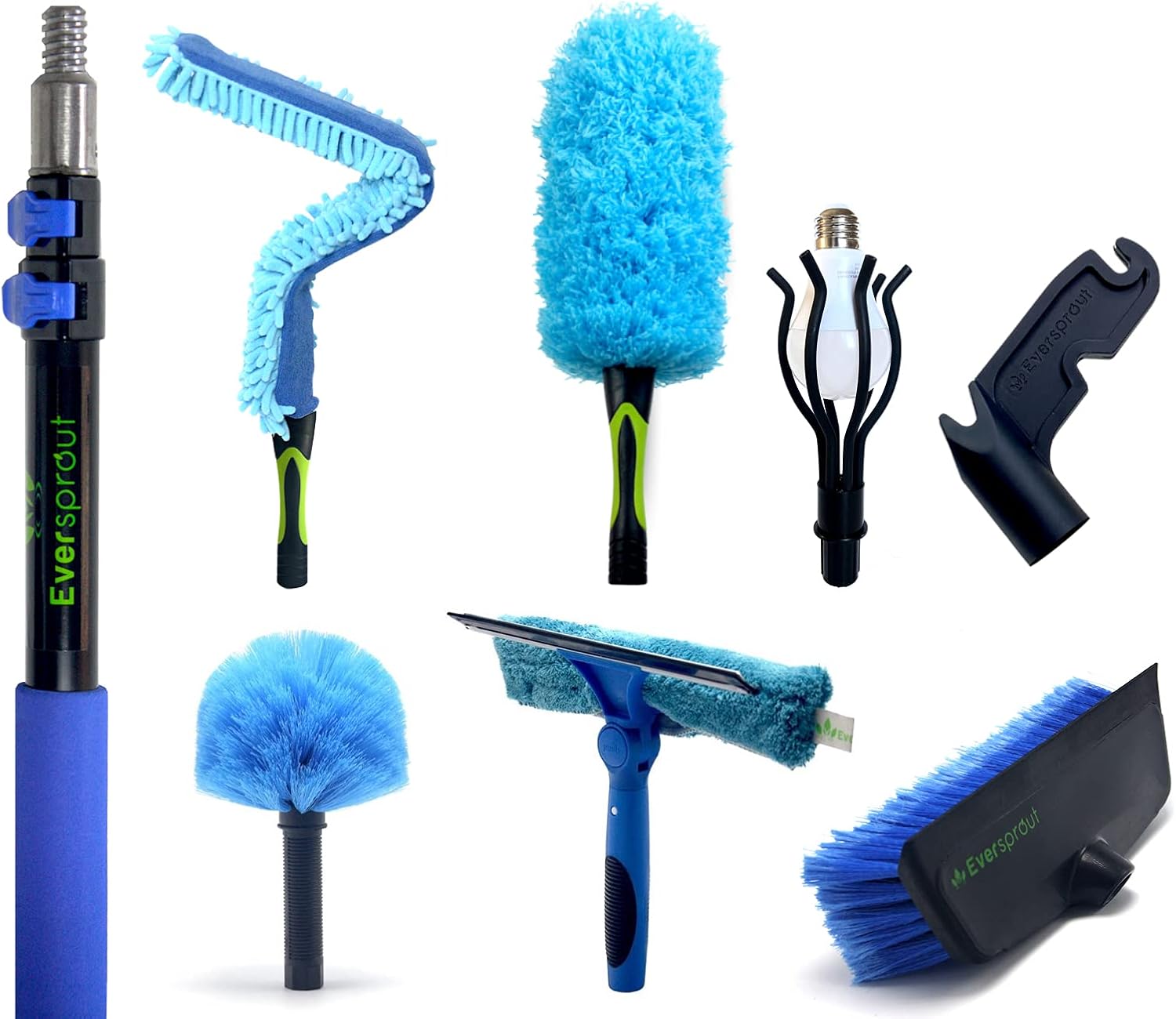 EVERSPROUT 7-to-20 Foot Extension Pole Total Kit (25+ Ft Reach) | Telescopic Pole, Scrub Brush, Light Bulb Changer, Hook, Swivel Squeegee, 3x Microfiber Dusters (Cobweb, Flexible Ceiling Fan, Feather)