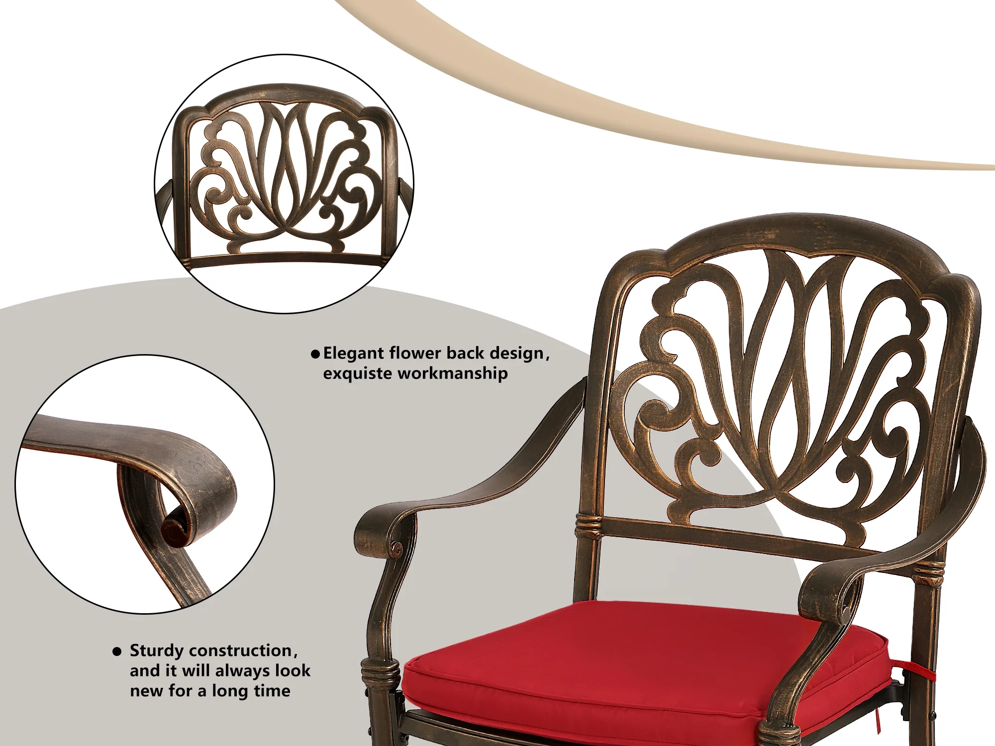 Haverchair 5 Piece Cast Aluminum Patio Dining Set Outdoor Furniture Set Patio Garden Set with 4 Dining Chairs with Red Cushion, 1 Patio Square Table, 2.2" Umbrella Hole Antique Bronze
