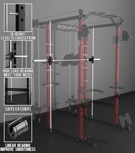 Eonfit E5 Smith Machine with Vertical Leg Press, Power Cage Squat Rack with LAT-Pull Down Cable Crossover Rotating Arms System Home Gym Equipment All in One (E5 RED)