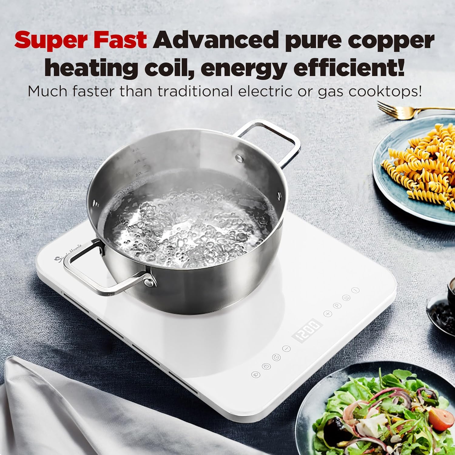 Portable Induction Cooktop, Countertop Induction Burner 0.9" Ultra-thin, Low Noise, 1200W Induction Hot Plate with Multi-safety Protection, 10 Power Setting, Timer, 110~120V White