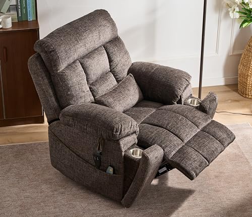 Light Grey Recliner Chair for Elderly | Tall and Big Man 400lbs | Chenille | Power Lift, Lay Flat, Stand Up, Wireless Charging Device, Extended Footrest, Massage Heat, Cup Holder, Lumbar Pillow