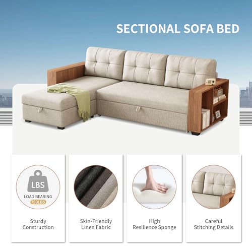 L Shaped Pull Out Couch Bed with Storage Chaise,Convertible Sectional Sleeper Sofa with 2 Wooden Armrests and 3 Removable Back Cushions for Living Room,Office, 84", Beige 1