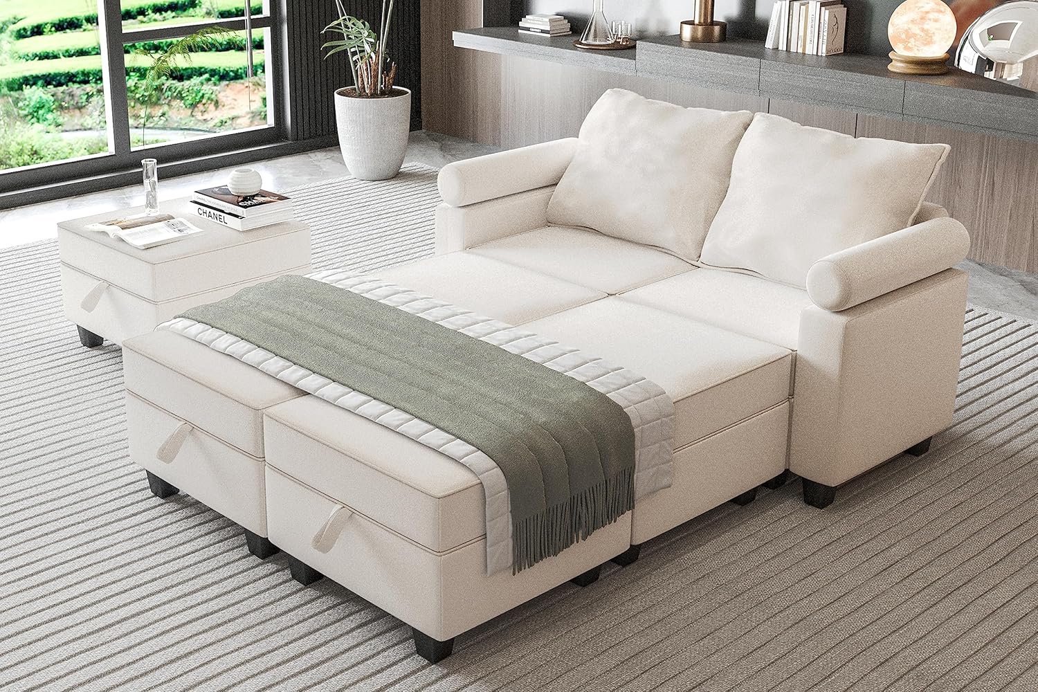 Kingfun Modular Sectional Sofa, Convertible 7-seated Couch with Storage Seat and Adjustable Armrest, Reversible Chaises and Ottoman, Oversized Sleeper Sofa for Living Room, Beige