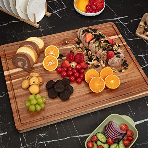 Extra Large Acacia Wood Cutting Board, 24x18 Inch Large Butcher Block Chopping Board with Handle and Juice Groove, Carving Board for Turkey, Meat, Vegetables, BBQ