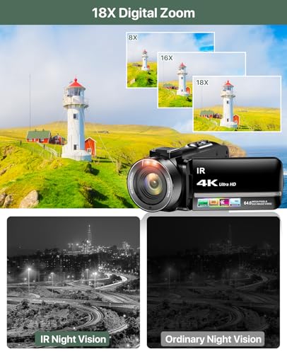 4K Video Camera Camcorder 64MP Vlogging Camera for YouTube 18X Digital Zoom 3.0" IPS Screen IR Night Vision with External Stereo Microphone,Handheld Stabilizer,Remote,Lens Hood,32G Card &2 Batteries