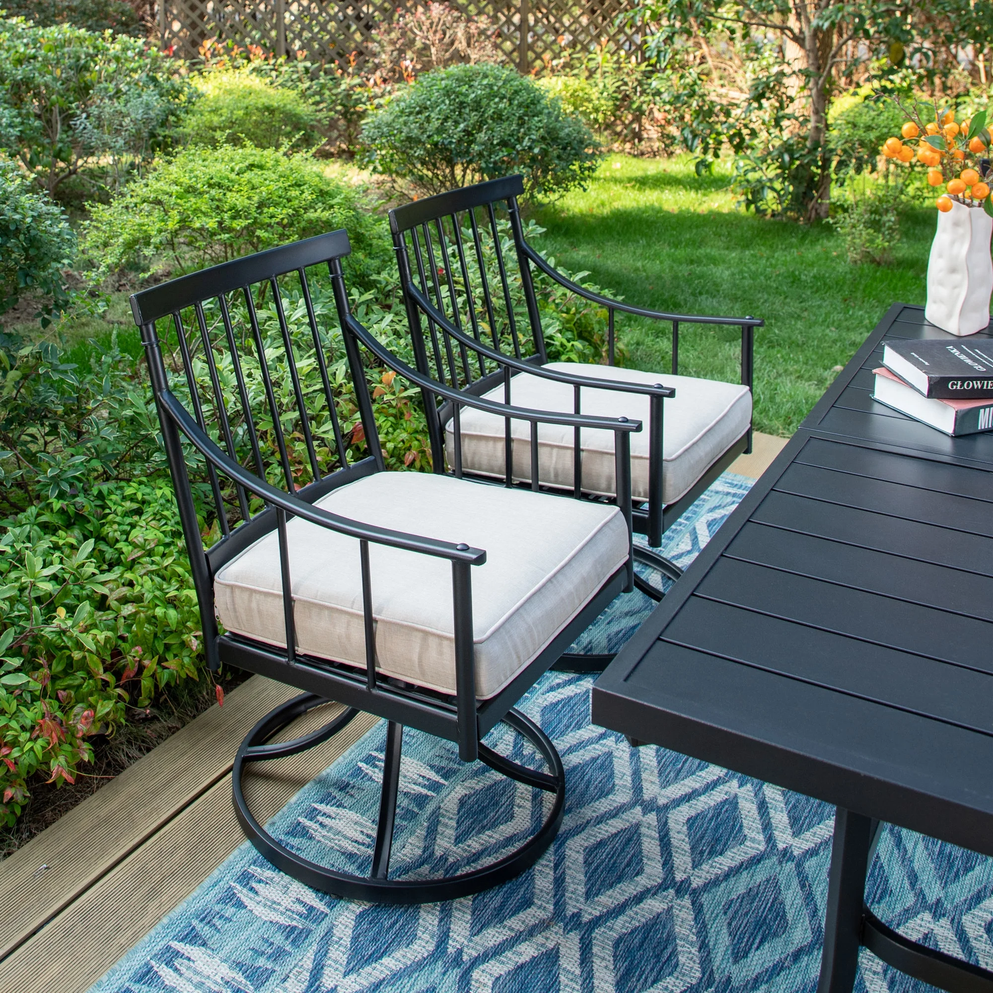MF Studio 7-Piece Outdoor Dining Set with 6 Swivel Cushioned Chairs & Rectangular Table for 6-Person, All-Weather Metal Steel Furniture,  Black & Beige