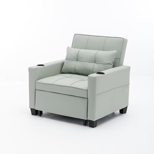LUMISOL Sleeper Sofa Chair Bed for 2, Convertible Chair 3-in-1 Pullout Sleeper Chair Bed with USB Ports and Cup Hold, Adjustable Sleeper Chair for Living Room, Apartment, Green Tech Cloth