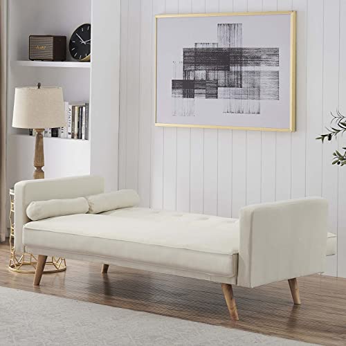 TMEOSK 71” Convertible Futon Sofa Bed, Folding Couch Loveseat Sofa with 2 Throw Pillows, Upholstered Recliner Sleeper Sofa Bed with Removable Armrests for Home Living Room Dorm Office (Beige)