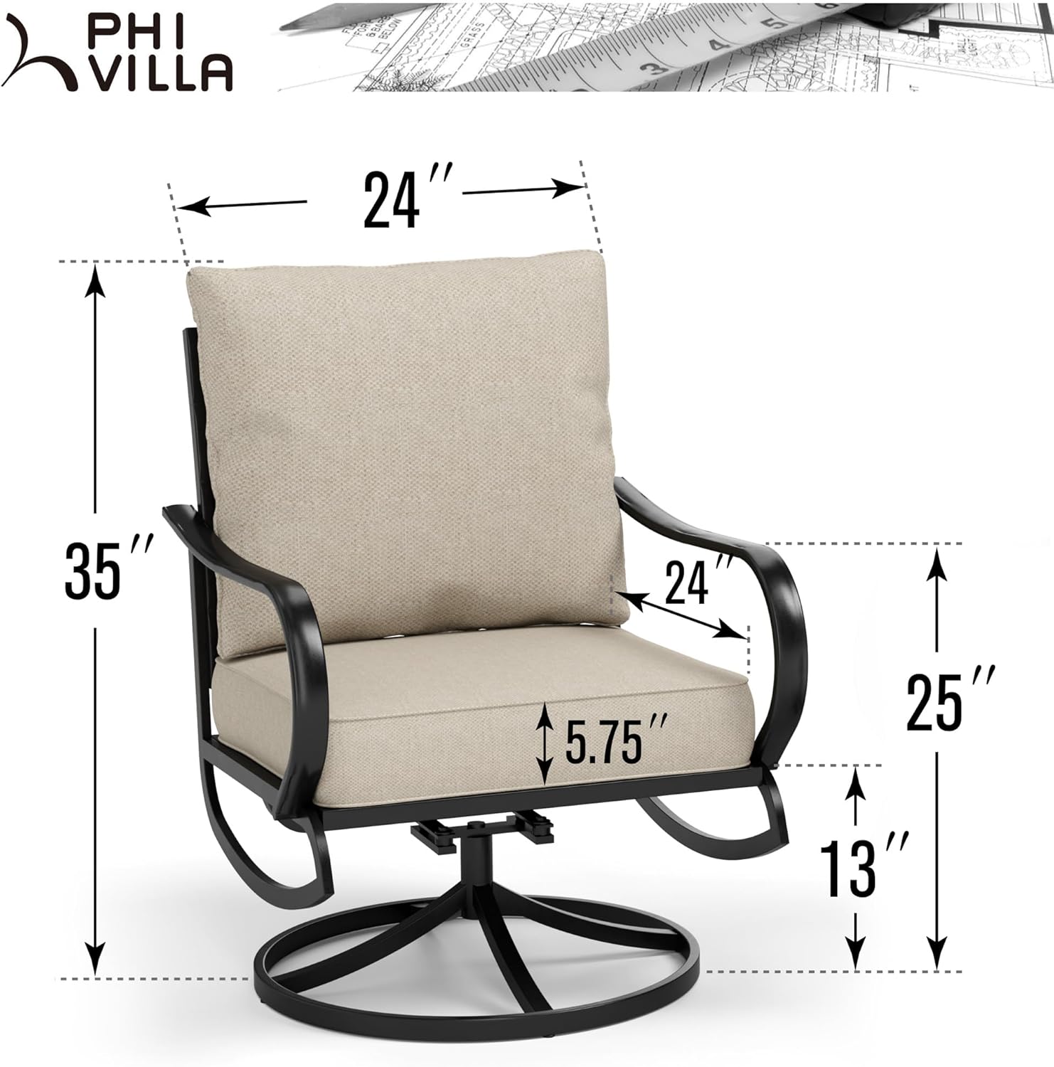 PHI VILLA Patio Furniture Chair Set for 2, Deluxe Outdoor Conversation Set with 2 Swivel Padded Sofa Chair, Full Metal with 5.8" Cushion for Deck, Lawn, Garden