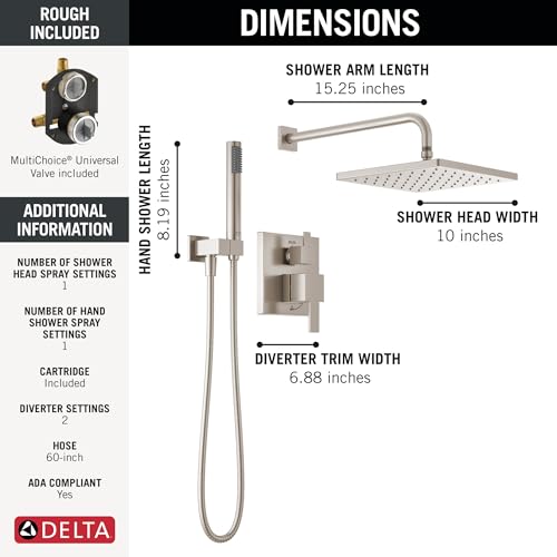 Delta Faucet Modern Raincan 2-Setting Square Shower System Including Rain Shower Head and Handheld Spray