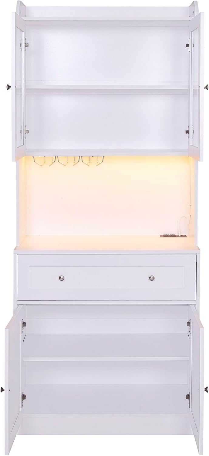 75.2" Pantry Cabinet Kitchen Cabinet with Buffet Cupboard, Kitchen Pantry Storage Cabinet with LED Lights Charging Station, Tall Food Pantry Hutch Organizer,Wood Buffet Sideboard, Buffet Cabinet