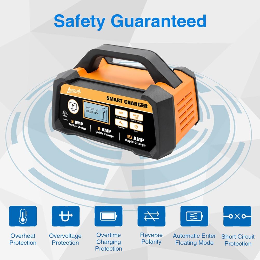 Ampeak 6V 12V Smart Car Battery Charger and Maintainer 2A 8A Fully Automatic with Cable Clamps