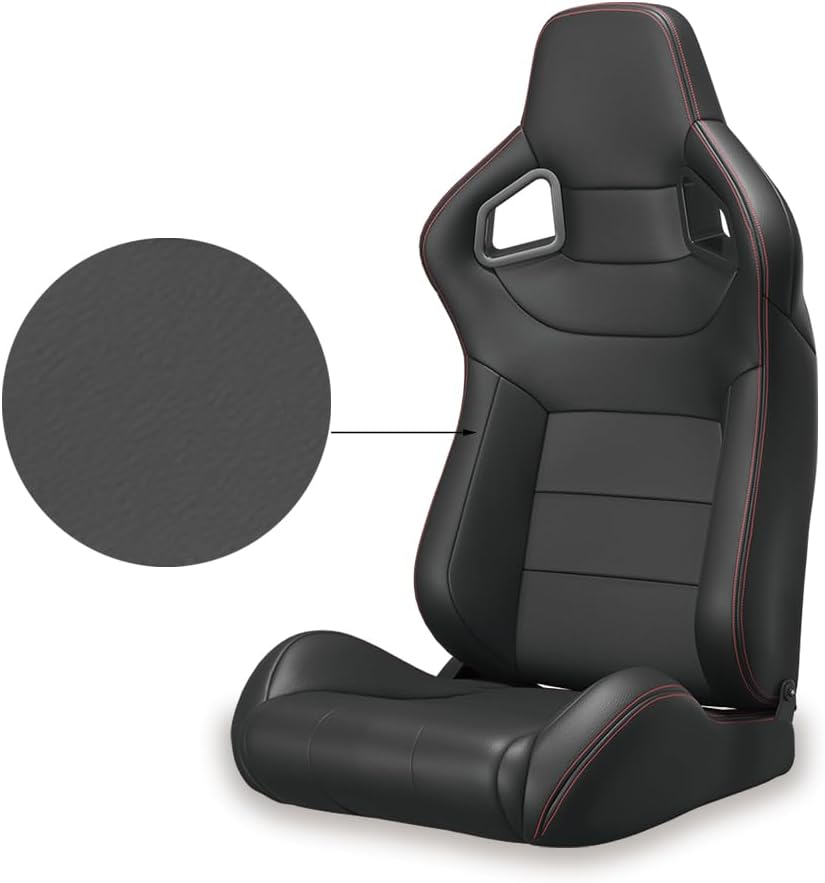 2PC Universal Bucket Red Stitch PVC Leather Racing Seats Reclinable Adjustor Slider Carbon Look Back Racing Seats (Not Including Seat Bracket)