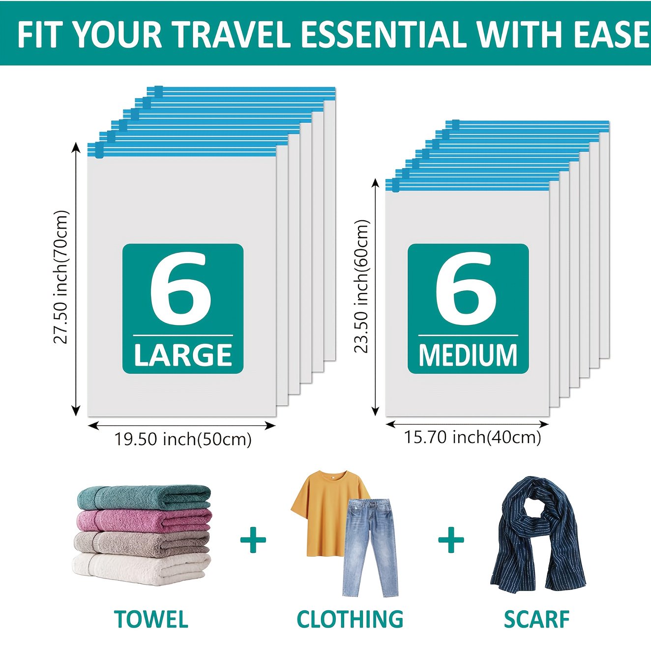 12 Pack Durable Plastic Roll-Up Space Saver Bags for Travel - Zippered Clothes Organizers with Carry Handles Stackable for Suitcases Closet Under Bed Storage