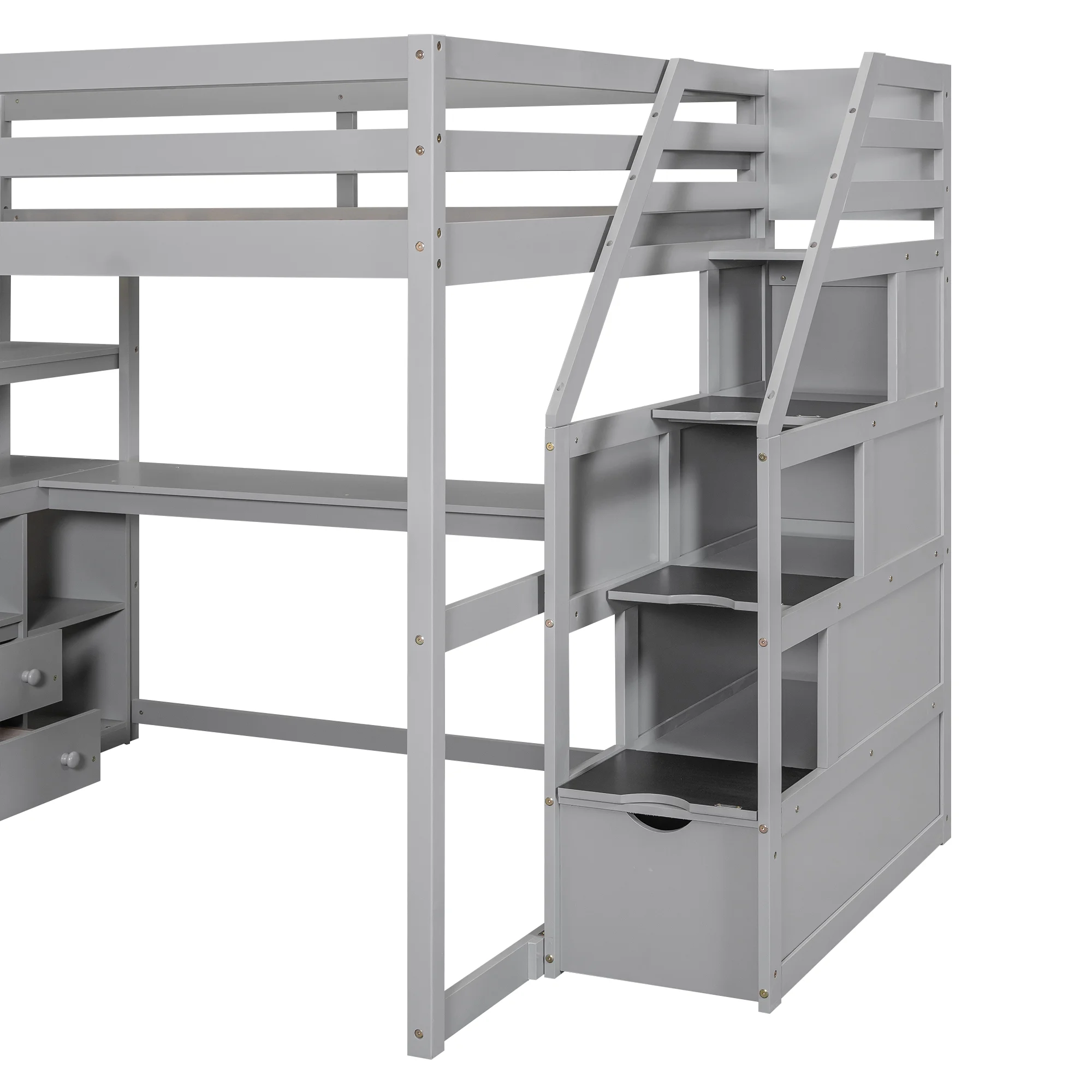 Loft Bed with Desk & Storage Stairs Wood Loft Beds with Two Built-in Drawers, High Loft Bed Frame with Step for Kids, Juniors, Boys and Girls No Box Spring Needed & Space Saving (Full)