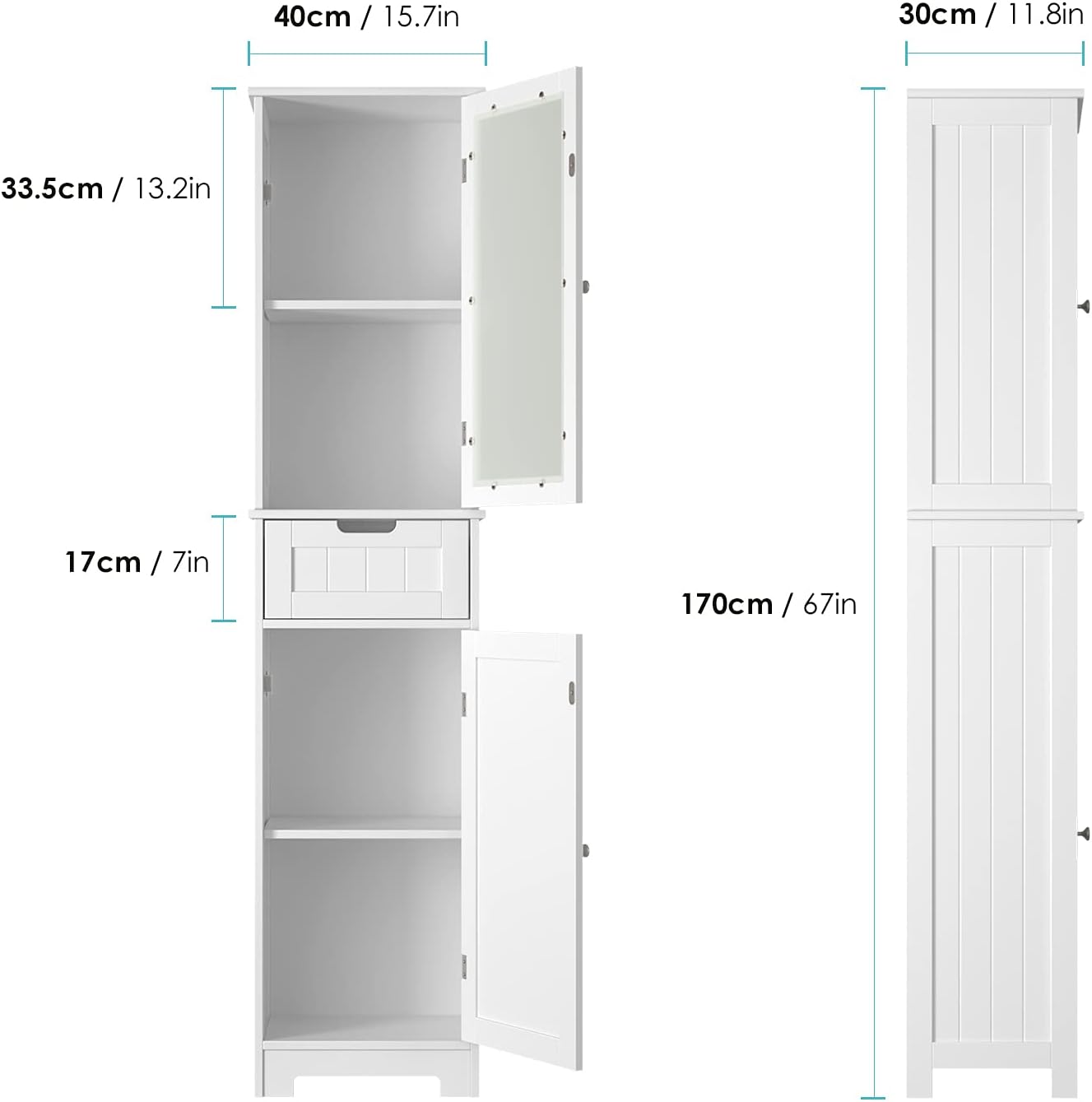 Bathroom Storage Cabinet, Tall Freestanding Cabinet with Door and Drawer, Narrow Slim Tower Cabinet with Adjustable Shelves for Home Office, White