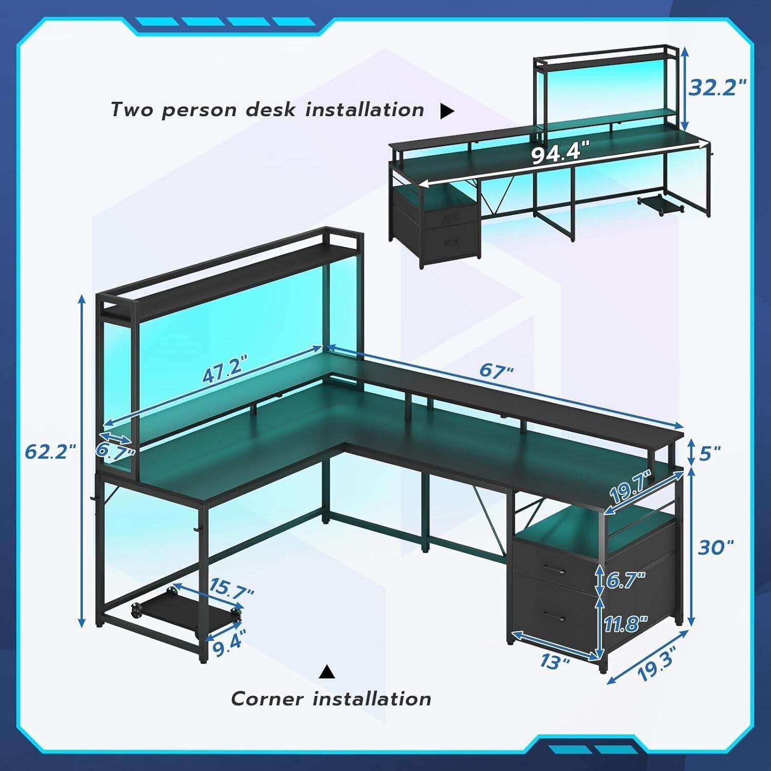 New Modern Black 67" L Shaped Desk Computer Monitor Shelf Two Person Cabinet File Drawer Storage Shelves Led Lights Corner Reversible Office Study Home 67”L x 47.2”W x 62.2”H of Set