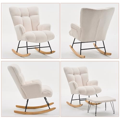 Rocking Chair Nursery, Teddy Upholstered Glider Rocker with High Backrest, Reading Chair Modern Rocking Accent Chairs,Glider Chair with Ottoman for Bedroom, Nursing, Living Room(White)
