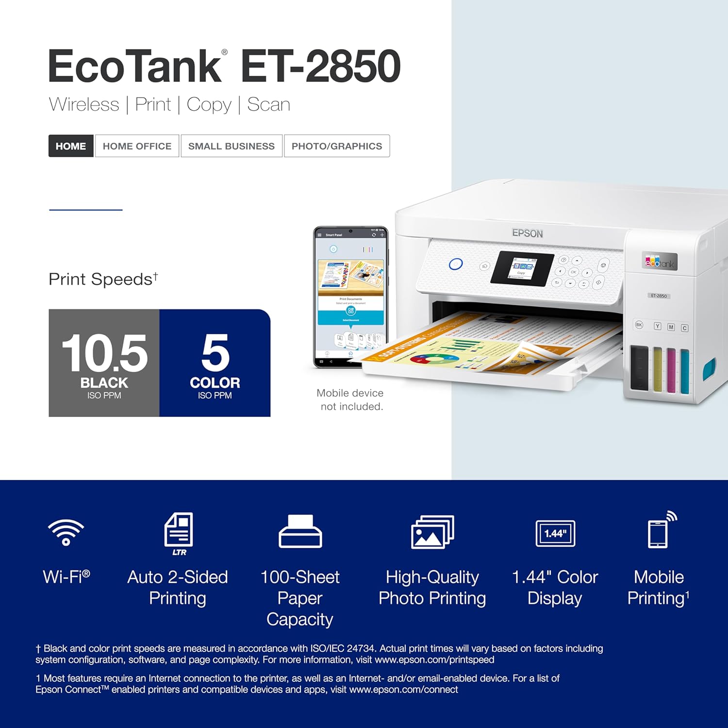 Epson EcoTank ET-2850 Wireless Color All-in-One Cartridge-Free Supertank Printer with Scan, Copy and Auto 2-Sided Printing (Renewed)