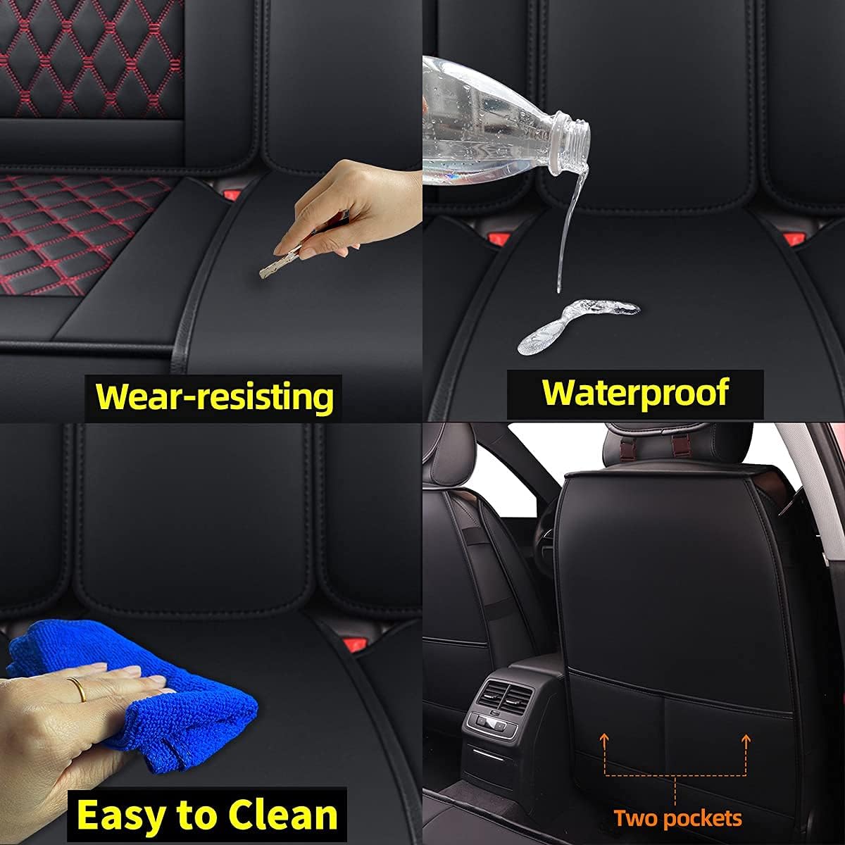 OSEHYL Car Seat Covers Luxury Leather Protector Universal Fit Full Set Upgraded Waterproof Breathable Full Coverage Wear-Resistant Non-Slip Vehicle Cushion Covers for SUV Cars Pickup Truck (Black&Red)