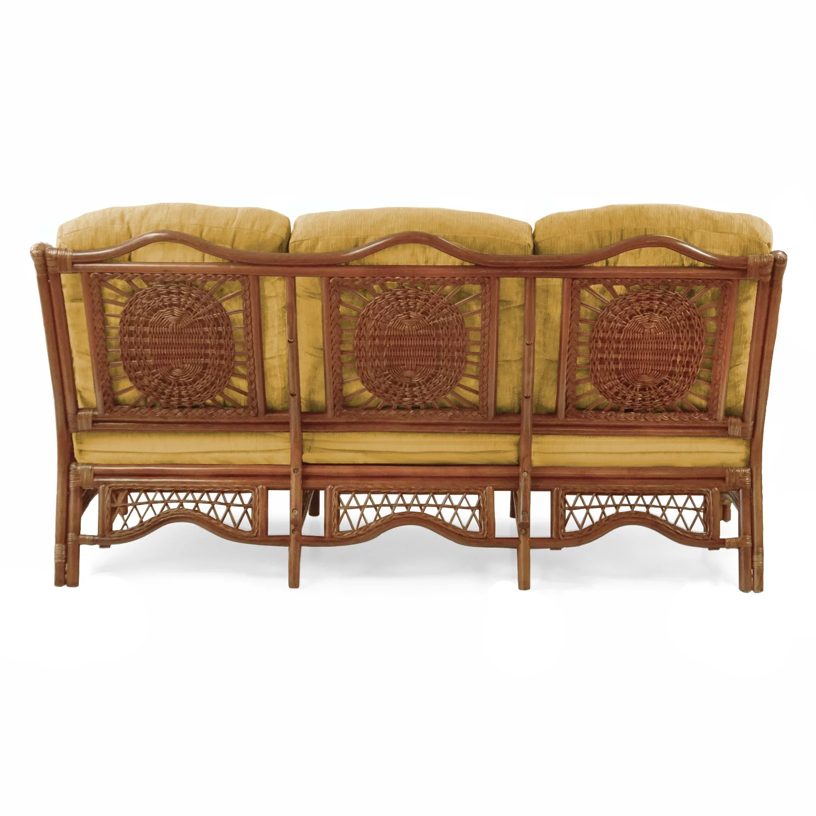 Malibu Lounge Three-Seater Sofa Natural Rattan Wicker Handmade Design with Light Brown Cushions, Colonial