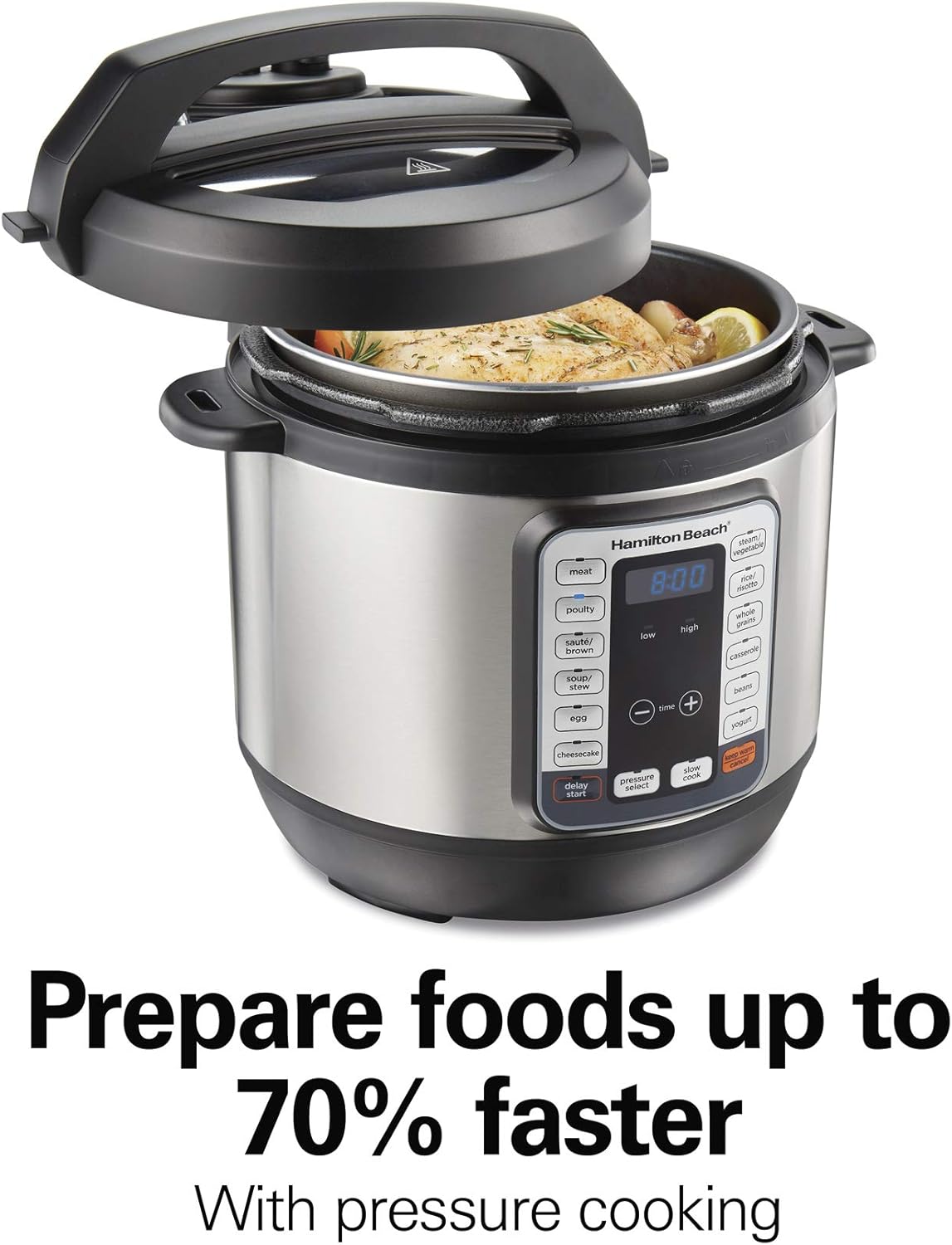 Hamilton Beach 12-in-1 QuikCook Pressure Cooker with True Slow Cook Technology, Rice & Digital Programmable Rice Cooker & Food Steamer, 8 Cups Cooked