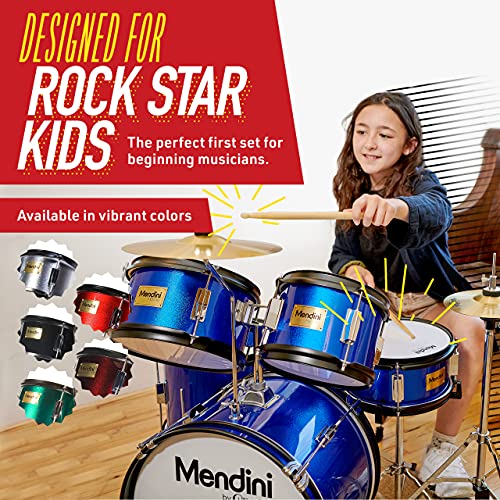 Mendini by Cecilio Drum Set, 5 Piece 16 Inch Junior Drums Kit with Bass, Toms, Snare Drum, Cymbal, Hi-Hat, Drumsticks & Seat for Beginner Student (Metallic Black)