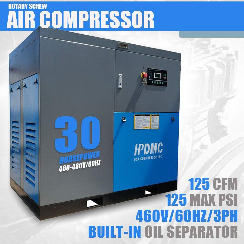 Rotary Screw Compressor 30HP / 125CFM@125 PSI - 460-480V / 60Hz / 3-Phase - Heavy Duty Stationary Industrial Air Compressed System Built-in Oil Separator
