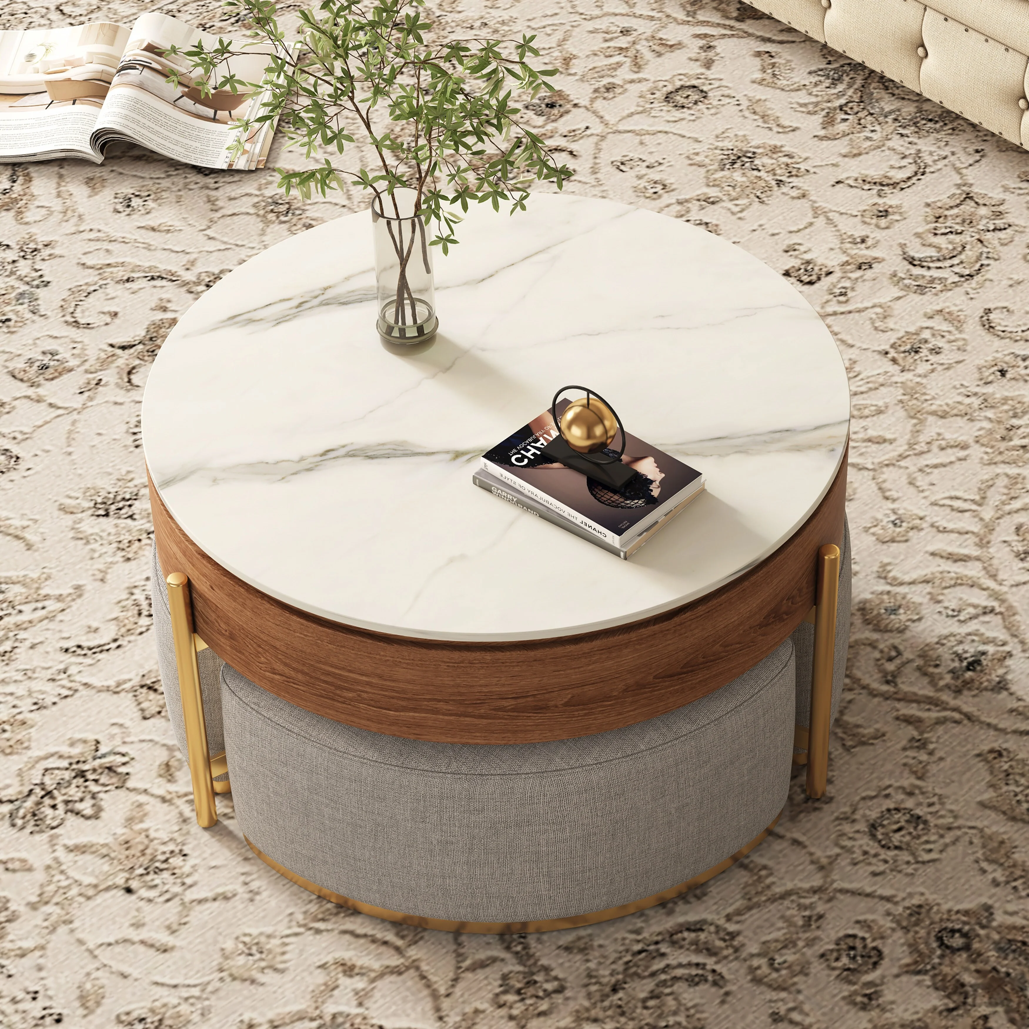Trade Penny LLC Lift Top 3 Legs Nesting Coffee Table with Storage 3 Stools Included - 31'5" x 31'5"