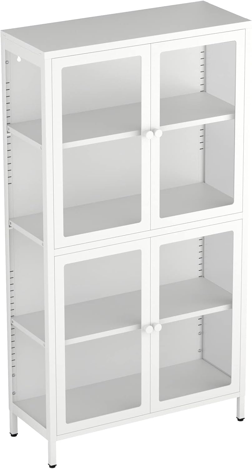 Tempered Glass Storage Cabinet,4-Door Glass Display Cupboard,Tall Corner Cabinet Sideboard Bookcase w/Adjustable Shelves,Steel Frame,Sideboard Storage Furniture for Living Room Entryway (4-Door,White)