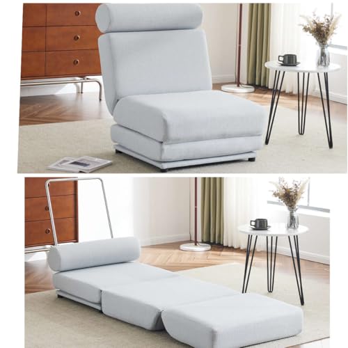 Folding Sofa Bed with Pillow, Foldable Sleeper Sofa Chair Bed, Memory Foam Convertible Floor Couch, Easy to Store, Made of Breathable and Wearable Linen (Light Grey-Blue)