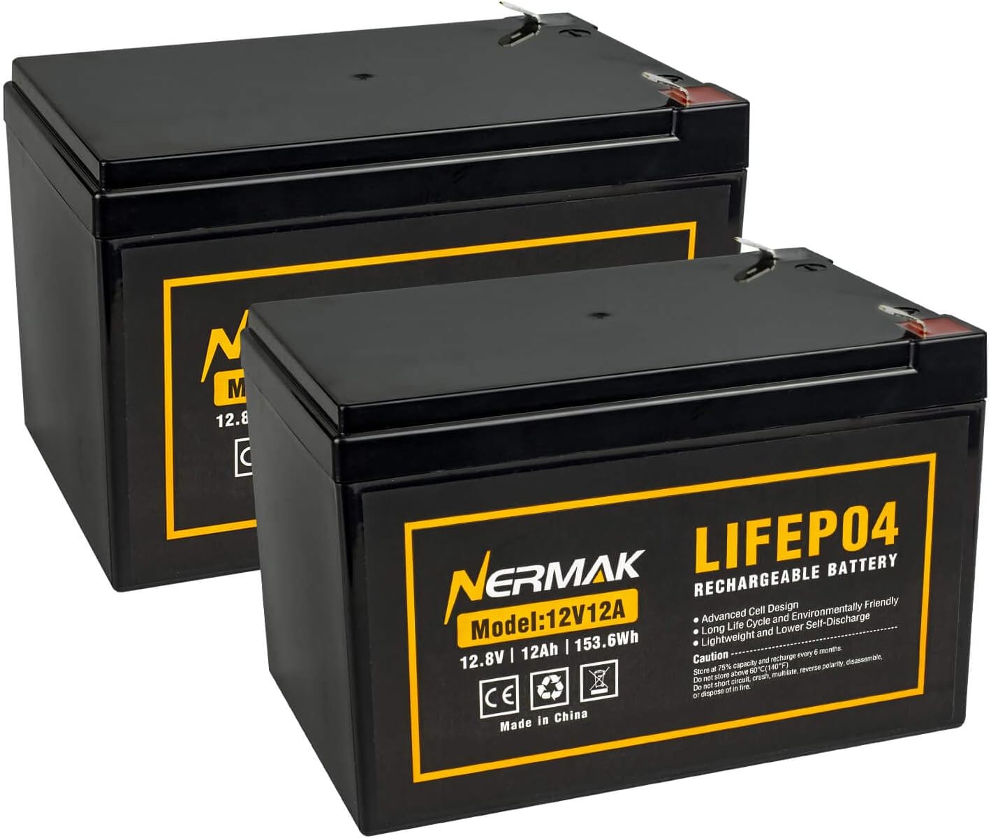 Nermak 2 Pack 12V 12Ah LiFePO4 Deep Cycle Battery, 2000+ Cycles Lithium Iron Phosphate Rechargeable Battery for Solar Power, Lighting, Power Wheels, Fish Finder, Scooters and More, Built-in 12A BMS