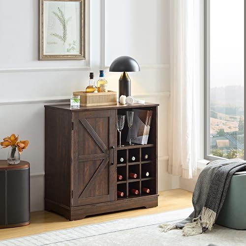 Dolonm Farmhouse Coffee Bar Cabinet Bar Cabinet with Wine Rack Barn Door Buffet Sideboard Cabinet with Drawer, Adjustable Storage Shelves, Living Room, Dining Room Gray Wash