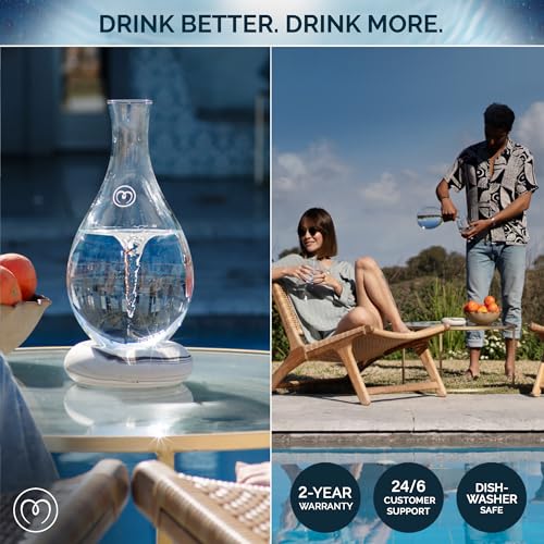 MAYU Swirl Structured Water Pitcher - Innovative Vortex Technology - Handblown. Reverse Osmosis Filter Complementary. Aerating Dispenser Stand 1.5 Liter | 51Oz Design Dining Glass Jug (Graystone Base)