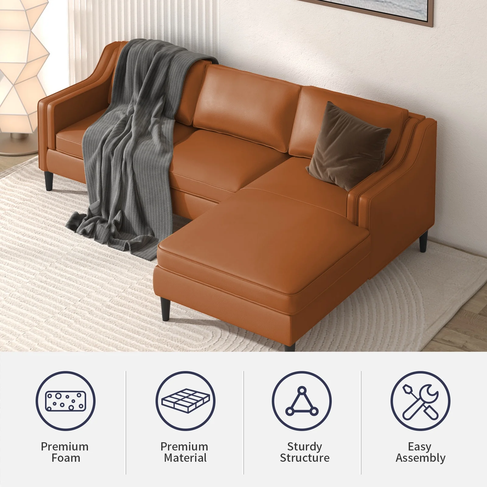 ijuicy Leather Sectional Sofa, Luxurious Leather Upholstered Couches with Right Facing Chaise, 3-Seater Sofa Set with Modular Chaise Lounge for Living Room Apartment Office - Cognac