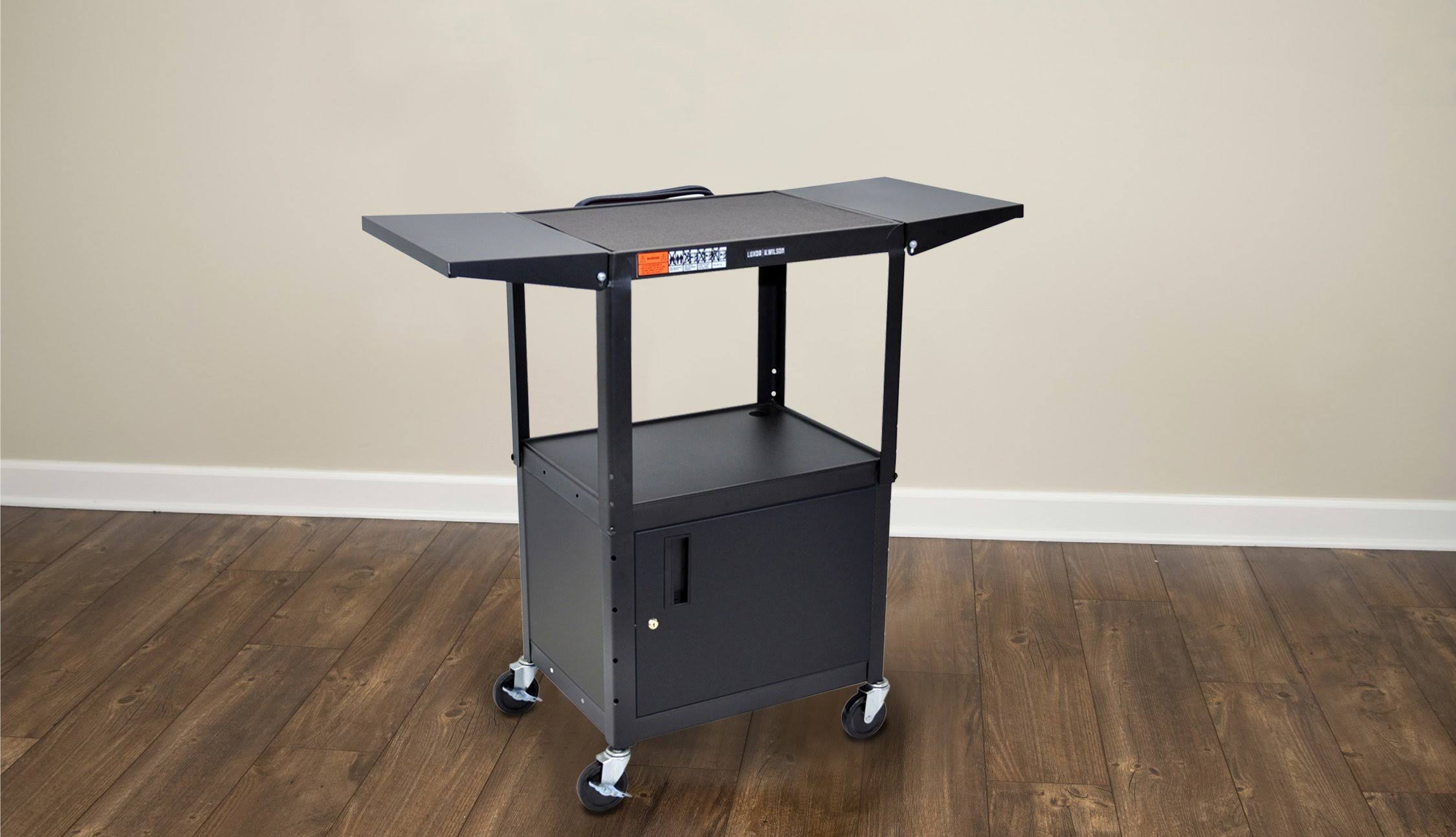 Luxor Adjustable Height Steel AV Cart - Cabinet, Drop Leaf (Black)